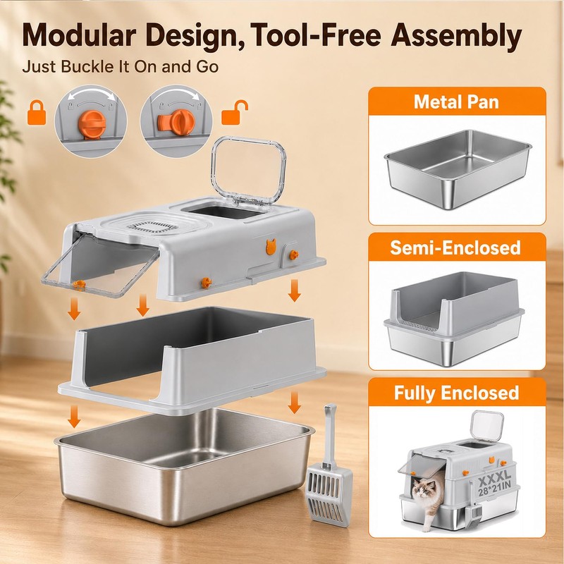 XXXL Stainless Steel Litter Box with Lid for Big Cats