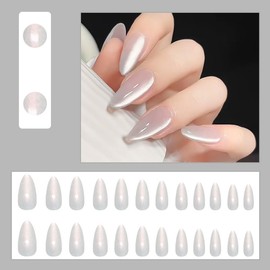 MouyouGlow Press on Nails Kurz,Almond Einfarbig Weiß Cat Eye Sweet Magnetic Fake Nails mit Nagelkleber,White Phototherapy Acryl Künstliche Fingernägel