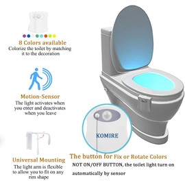 Komire Motion Sensor LED Toilet Night Light with 8-Color Changing, Battery Operated Waterproof Washroom Light
