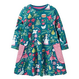 FreeLu Girls' Cotton Casual Longsleeve Party Dresses Special Occasion Cartoon Print Dress (3T, Christmas)