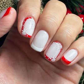 Christmas Press on Nails Short Square Fake Nails with Red White French Tip Snowflake Designs Acrylic Nails Winter Xmas Stick on Nails Glue on Nails Artificial Full Cover False Nails for Women 24Pcs