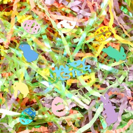 Jansun Easter Iridescent Crinkle Cut Paper and Confetti, 115g/4oz Shred Filler with Egg Bunny Chick Happy Easter Confetti for Gift Wrapping Craft DIY Basket Filling Holiday Easter Candy Decorations