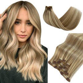 Clip in Hair Extensions Human Hair 70g Balayage Walnut Brown to Ash Brown with Platinum Blonde Seamless Clip in Human Hair Extensions Seamless Clip ins Hair Long Straight Thick Full End 16 Inch 5pcs