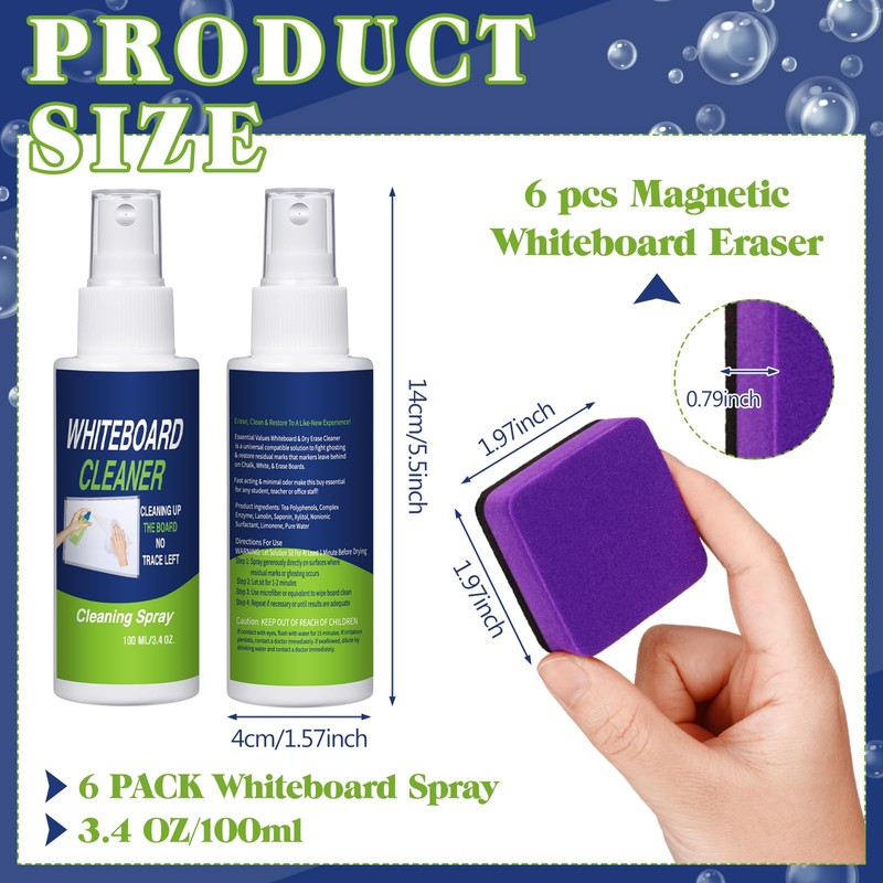 Fuyoooo 6 Pack Whiteboard Cleaner 3.4 Fl oz Dry Erase