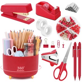 SKYDUE Red Office Supplies Set, Pencil Holder for Desk, Stapler, Tape Dispenser, Scissors,Clips and 1000pcs Staples, Office Decor for Women, Red Desk Accessories