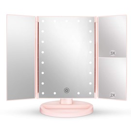 deweisn Tabletop Mount Tri-Fold Lighted Vanity Mirror with 21 LED Lights, Touch Screen and 3X/2X/1X Magnification, Two Power Supply Modes Make Up Mirror,Travel Mirror