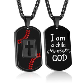 Kalanophel Baseball Cross Dog Tag Necklace for Men Pendant Chain Gifts Religious Christian First Communion Confirmation Stainless Steel Jewelry Black