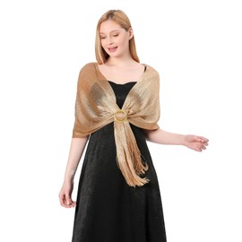 Sparkling Metallic Shawls and Wraps for Evening Dresses with Buckle,Gold Shawl Wraps Formal Dresses for Women,Lightweight Elegant Sheer Fringe Scarf for Brides, Bridesmaids and Wedding Attendee