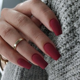 Matte Red Press on Nails Long Square, KXAMELIE Medium Coffin Nails Press ons Long Glue on Nails Natural Thick Fake Long Nails Acrylic Nails Reusable 24 Fake Nails Solid Color False Nails for Women