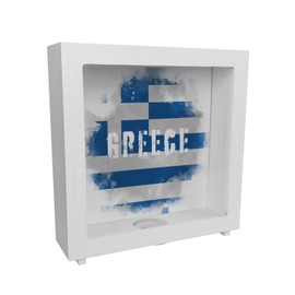 Wooden money box with Greece flag in used look, piggy bank for holidaymakers, a beautiful money box decorated with the Greek national flag to travel to