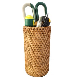 amololo Handmade High Wall Rattan Pen Cup,Tea Items Desk Holder,Wicker Pencil Décor Holder Flower Vase For Dry Flower,Rustic Makeup Brushes Holder Stand, Table Loose Items Organizer (High Cylinder)