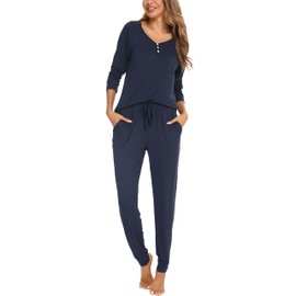 Sopesil Women's Pyjamas Long Cotton Winter Sleepwear Comfortable Set Loungewear Warm with Button Drawstring Leisure Suit Elasticity S-XXL, B_navy blue