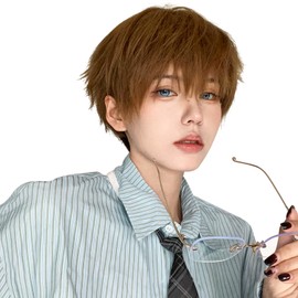 Sofeiyan Men's Short Bob Wig, Natural Men's Clothing, Harajuku, Full Wig, Heat Resistant, Small Face, Popular, Handsome Fashion, Unisex, Cosplay, Male, Students, Commuting, Brown