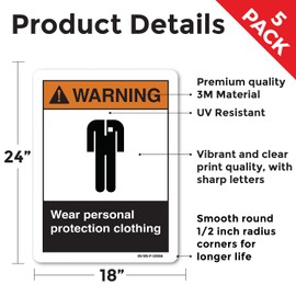 Wear Personal Protection Clothing ANSI Warning Vinyl Decal Label 24 Inch x 18 Inch - 5 Pack