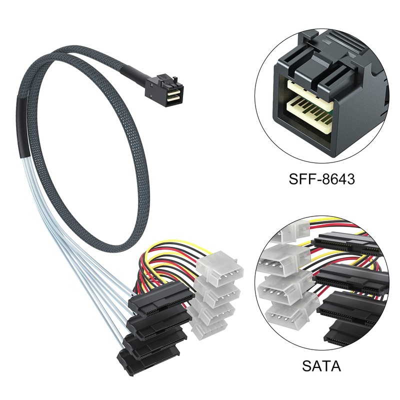 10Gtek® MiniSAS SFF-8643 to 4x SFF-8482 Cable, w/Power, 0.75 m