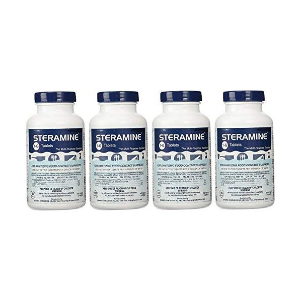 Steramine Sanitizing Tablets, For Sanitizing Food Contact Surfaces, Kills E-Coli; HIV; Listeria, Model 1-G,150 Sanitizer Tablets per Bottle, Blue, Pack of 4 Bottles