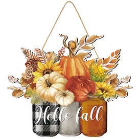 Hello Fall Door Sign Fall Pumpkin Hanging Door Decor Thanksgiving Wooden Sign Autumn Door Decorations Pumpkin Maple Leaves Door Hanger for Outdoor Farmhouse Porch Front Home Door