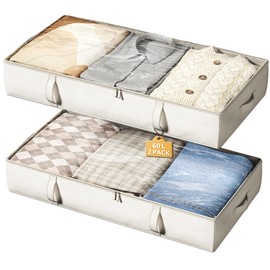 Vailando Storage Containers, 6 Inches Tall 60L Underbed Storage Bins with Sturdy Handles and Sidewalls, Closet Organizer for Clothes, Blankets, Seasonal Items, Beige, 2-Pack