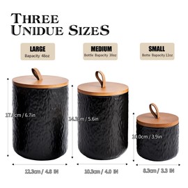 JOJUNO Black Ceramic Canister Set with Wooden Lid, 3-Piece Airtight Food Storage Jars for Kitchen Counter - Flour, Sugar, Coffee, Tea, Spice - Small, Medium, Large Sizes - Stone Texture