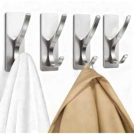 pickpiff Self Adhesive Coat Hooks for Hanging: Heavy Duty Stainless Wall Hook for Towel, Backpack, Hat, Sturdy Metal Hanger for Bathroom, Bedroom, Door, Brushed Nickel 4 Pack