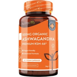 Organic Ashwagandha KSM-66® with 5% Withanolides - Vegan Friendly with The Highest Concentration Most Bioavailable Full-Spectrum Root Powder for Immune Support - Made in The UK by Nutravita