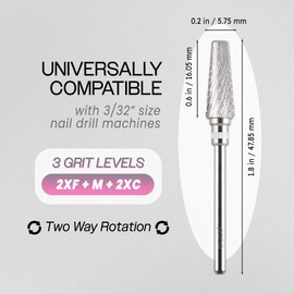 PANA 5-in-1 Pro Upgraded Multi-Function Drill Bit 3/32" Shank Size - (Silver, 2X Coarse to 2X Fine) - Mix Size Tungsten Drill Bit Fast Remove Acrylic Hard Gel Nail for Manicure Pedicure