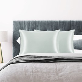 PiccoCasa Satin Pillowcases for Hair and Skin with Eye Mask and Scrunchie Soft Pillowcase 2 Pack Envelope Closure Silky Bed Pillow Covers Set for Sleeping Grey 50 x 90cm