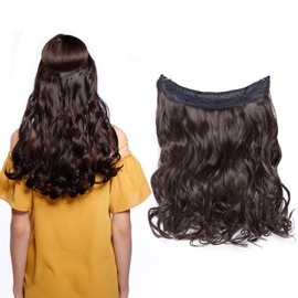 24inch Long Curly Hairpiece Wire in Hair Extensions No Clip Synthetic Hair Wire String （Dark Brown）