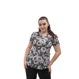 FUBU Women's V-Neck Print Scrub Top Medical Nursing Uniform-Typed Floral-Large
