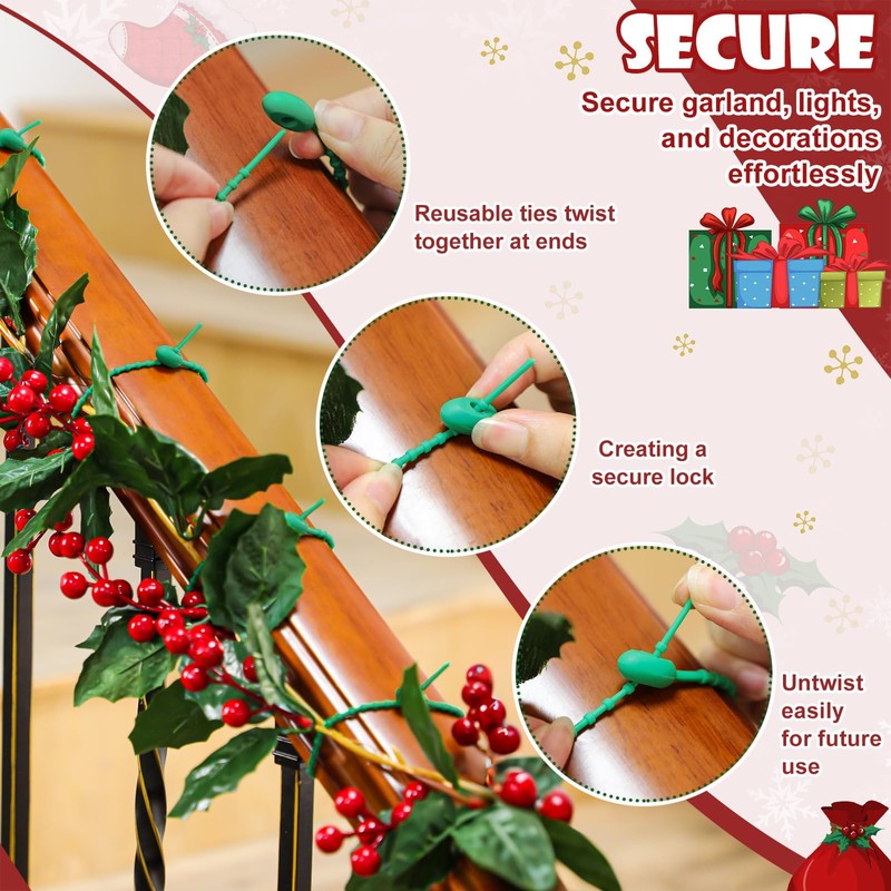 Roowest 100 Pcs Christmas Garland Ties 9'' Green Flexible Adjustable