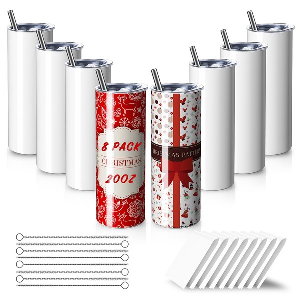 MURRICON Sublimation Tumblers 20 oz Skinny Straight,Stainless Steel Sublimation Blanks Skinny Tumbler,Double Wall Vacuum Insulated Sublimation Tumblers,with lid and straw,8 Pack
