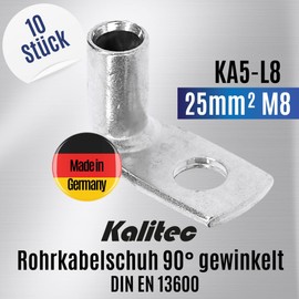 Kalitec KA5-L8 Standard Pipe Cable Lugs Angled 25 mm² M8 I without Viewing Hole I 90° I Made in Germany Pack of 10