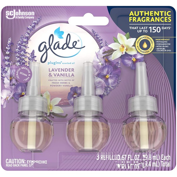 Glade PlugIns Refills Air Freshener, Scented and Essential Oils for Home and Bathroom, Lavender & Vanilla, 2.01 Fl Oz, 3 Count
