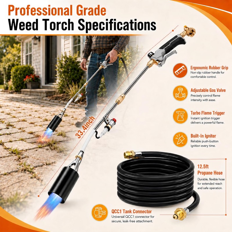 SafBbcue Propane Torch Weed Burner | 12.5FT Hose, 2 Modes