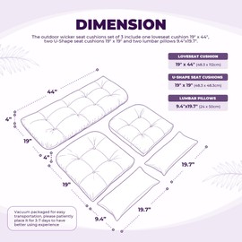 PITCTCHIC Wicker Chair Cushions of 5 Pieces, Waterproof Outdoor Loveseat Cushion for Wicker Furniture, 1 Love Seat Cushion, 2 U-Shape and 2 Lumbar Pillows for Patio Furniture (Purple)