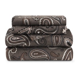 Superior Paisley or Solid Flannel Cotton Sheet Set, Fuzzy Warm Sheets, Traditional Bohemian Bedding, Includes 1 Flat Sheet, 1 Elastic Deep Pocket Fitted Sheet, 1 Pillowcase, Twin, Charcoal