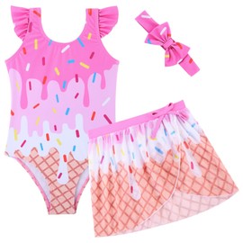 ALISISTER Little Girls Swimsuit Ice Cream 2 Piece Bathing Suits Size 6t with Cover Up Skirt Summer Beach Headband Swimwear