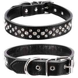 Bbmmayy Rhinestones Dog Collar, Adjustable Sparkly Crystal Studded Genuine Leather Pet Dog Collar for Small and Medium Breeds (L fit Neck 14.5-18", Black)