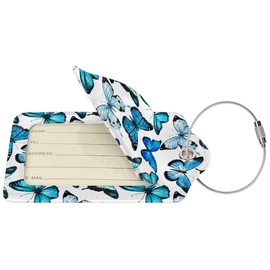 BLOCIT Luggage Tags - 2-Pack PU Leather with Privacy Cover & Stainless Steel Loop - ID Labels for Suitcases & Travel Bags - Blue Butterfly