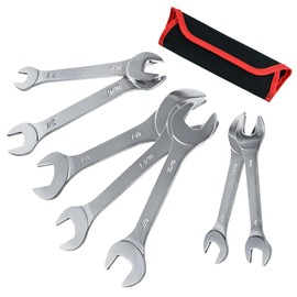 LEONTOOL 7-Piece Super-Thin Open End Wrench Set SAE Including 3/8", 7/16", 1/2", 9/16", 5/8", 11/16", 3/4", 13/16", 7/8", 15/16", 1", 1-1/16", 1-1/8", 1-1/4" Slim Spanner Wrench Set with Rolling Pouch