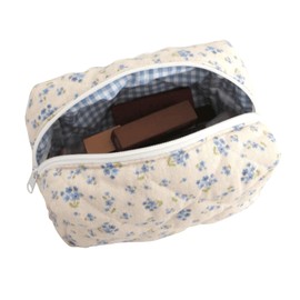 LunarCharm Cute Small Floral Cotton Makeup Bag, Quilted Zipper Bag with Blue Flowers - Cute Travel Cosmetic Bag for Purse, blue