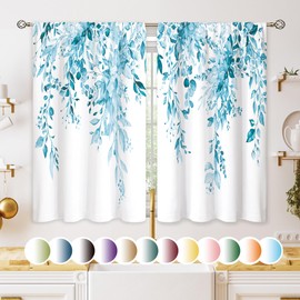 oolygoo Blue Eucalyptus Botanical Leaves Floral Kitchen Window Curtains Over Sink Farmhouse Flower Spring Small Window Treatment Cafe Short Curtains for Bathroom Treatment Tier Drapes27.5x39 inch