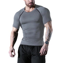 SHEKINI Men's Compression Shirts Athletic Gym Tops Quick-Dry Moisture Wicking Anti-Odor Breathable Tees Crew Neck Short Sleeve T-Shirts Workout Running Outdoor Sports Wear(Grey,3XL)