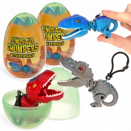 MIJOMA Dinosaurier Chomper Set – 2er Pack Dino Schlüsselanhänger mit Beißfunktion im Ei – Bunte Dinofiguren aus Kunststoff – Sammler- & Mitgebsel-Spielzeug