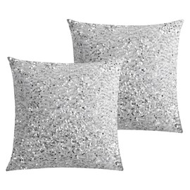 LIGICKY Set of 2 Silver White Glitzy Sequin Throw Pillow Covers Sparkling Decorative Gilter metallic Square Cushion Cover Glam Pillow Cases for Sofa Couch Bedroom Home Party Decor (18 x 18 Inches)