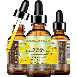 Botanical Beauty ORGANIC EVENING PRIMROSE OIL. 100% Pure / Natural / Undiluted / Unrefined /Certified Organic/ Cold Pressed Carrier Oil for skin and hair. 4 Fl.oz - 120ml.