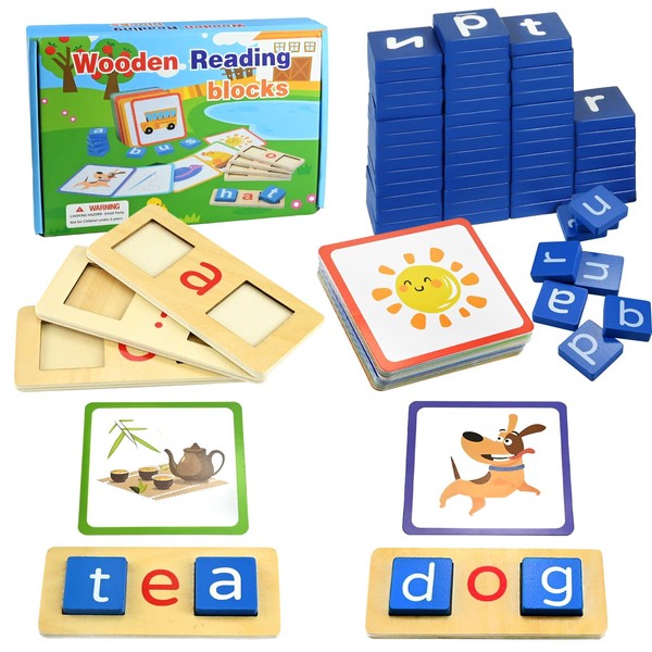 Spelling Games, Short Vowel Reading Spelling Games, Wooden Matching Letters Toy with Words Flash Cards, 129 Pcs CVC Spelling Alphabet Montessori Learning Toy for Preschool Boys Girls 3-6 Years Old