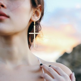 Fashion Rhinestone Pearl Cross Huggie Earrings,Gold Silver Zircon Crystal Geometric Cross Dangle Earrings Jewelry for Women Gifts (Gold Pearl)