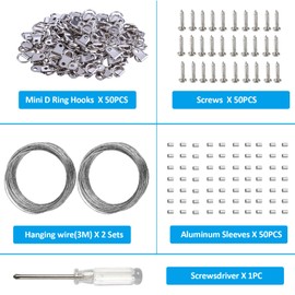 YHYZ D Ring Picture Hangers Sets(50 Sets ), D Ring Hooks + Screws + Hanging Wire + Crimping Loop Sleeves + Screwdriver, for Painting Photo Pictures Clock Artwork Mirrors Cross-Stitch
