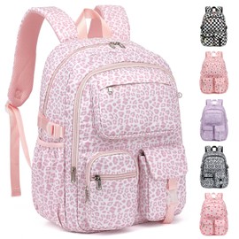 Girls Backpack for School, Teens Large Capacity Cute Lightweight Polyester School Bag Bookbag for Kids (Leopard Pink)